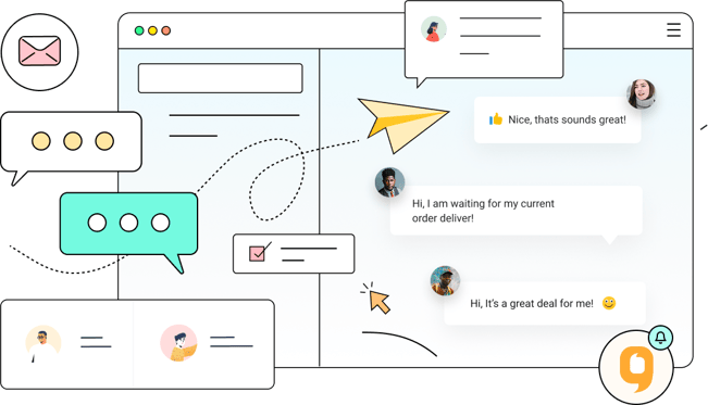 Illustration of a chat interface with multiple message bubbles, user avatars, a paper plane icon symbolizing message sending, and communication elements. Represents real-time messaging, automated chat triggers, and seamless customer engagement on the Weberr platform.