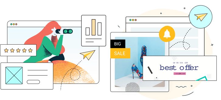 Illustration of digital marketing and eCommerce elements. A woman with binoculars represents market analysis, alongside icons for ratings, charts, email marketing, and web design. A separate section highlights online shopping with sale banners, product images, notifications, and discount offers.