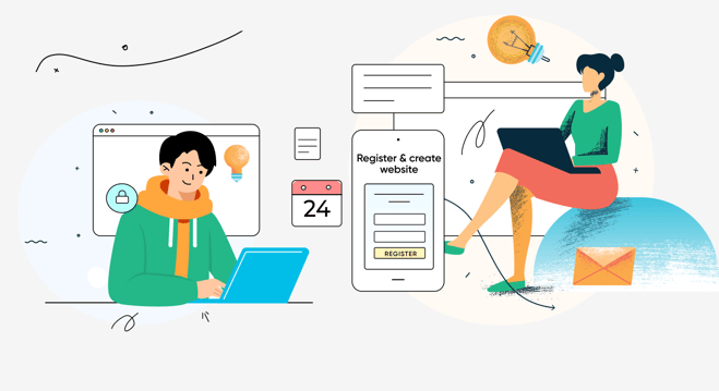 Illustration of two individuals working on laptops, symbolizing website creation and digital collaboration. A mobile screen displays 'Register &amp; create website,' emphasizing an easy online setup. Elements like a calendar, email, and lightbulbs add a, representing innovation and efficiency.